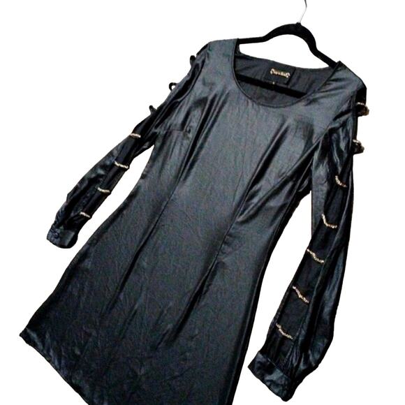 Sarah Boo Mini Dress Sz S Black Tunic Modern Cut Out Chains Glam Punk Goth City - Picture 5 of 15